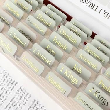 Imagem de Guias bíblicos para homens e mulheres, 75 peças laminadas (relevo dourado) adesivos de marcadores bíblicos à prova d'água, guias de índice ciano claro, presentes cristãos de batismo para iniciantes