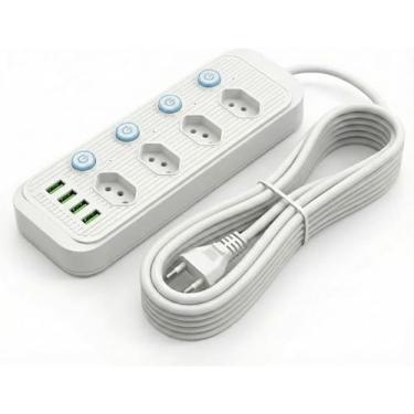 Imagem de Extensão Elétrica 3 Metros, 5 Tomadas e 4 Saídas USB, Botão de Liga e Desliga, Régua Com Filtro de Linha, Protege Seus Dispositivos Contra Curtos e Sobrecargas, 110V a 220V, Até 2500W