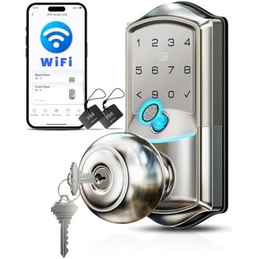 Imagem de Veise VE028 Fechadura inteligente Wi-Fi integrada com maçaneta, entrada sem chave de impressão digital com alça, controle remoto de aplicativo e controle de voz, teclado digital eletrônico para porta