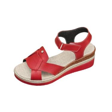 Imagem de Chinelo feminino com boca de peixe plataforma de fundo grosso para roupas de verão e caminhadas confortáveis, Vermelho, 36