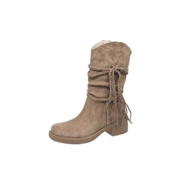 Imagem de Botas femininas de cano alto estilo inverno bico quadrado redondo salto baixo, Caqui, 34