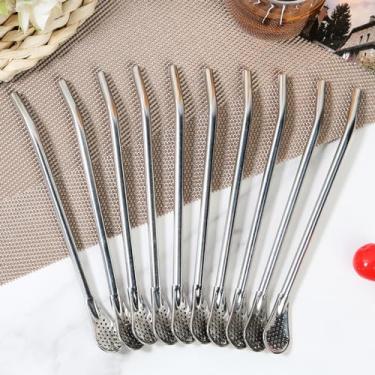 Imagem de Colher de canudos de aço inoxidável, 10 peças, colheres, canudos, chá de erva-mate, colheres filtradas, multifuncionais, para beber, palha, reutilizável, mexendo para a praia