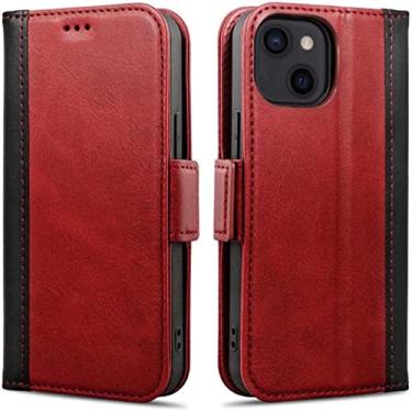 Imagem de GANYUU Capa de telefone com suporte fólio de fivela magnética, para Apple iPhone 14 Plus 2022 capa de carteira flip de couro sintético com alça de cordão de pescoço (cor: vermelho)