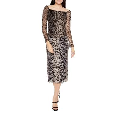 Imagem de Forever 21 Saia midi feminina de malha leopardo, Marrom, P