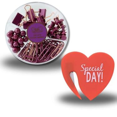 Imagem de Kit Escritório Completo 92 Peças – Clips, Prendedores, Alfinetes, Tachinhas e Estilete Coração | Organizador Criativo para Escritório e Estudos