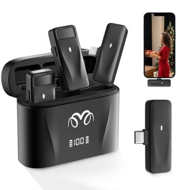 Imagem de Threesheep Mini microfone de lapela tipo C sem fio para iPhone 15, Android USB C – Pacote com 2 com capa de carregamento, microfone lav com cancelamento de ruído, microfone de clipe para gravação,