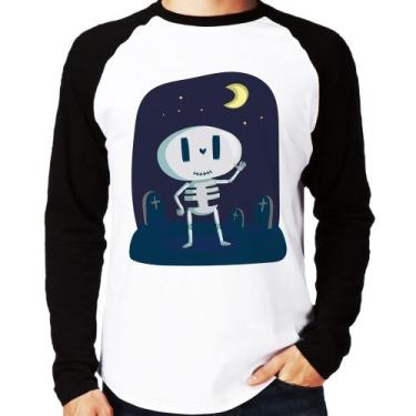 Imagem de Camiseta Raglan Esqueleto Manga Longa - Foca na Moda, Branco, Preto, G