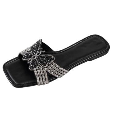 Imagem de Chinelos femininos de bico quadrado enfeitados com detalhes de strass, sandálias casuais de verão., Preto, 36