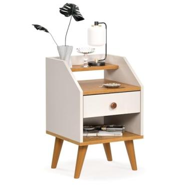Imagem de Mesa de Cabeceira para Quarto com Pés Retrô Criado Mudo 1 Gaveta com Nicho e Prateleira(DAKOTA - OFF WHITE/FREIJO)