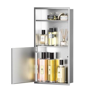 Imagem de Bernkot Armário de remédios embutido com porta 61 cm x 30 cm Armários de remédios de parede escovada com prateleira de 3 camadas Chuveiro de nicho de aço inoxidável 304 para armazenamento de banheiro