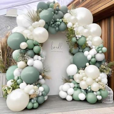 Imagem de Guirlanda de balão verde sálvia branco duplo recheado verde empoeirado balões de pérola branca verde-oliva pastel kit de arco para chá de bebê neutro chá de panela aniversário batismo formatura