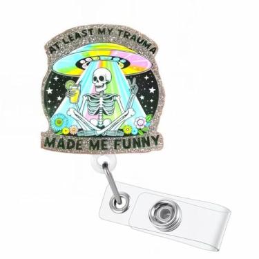 Imagem de Carretel de crachá de caveira de pessoa com aparência engraçada, retrátil at Least My Trauma Made Me Funny Nurse Badge Holder, Medical Worker ID Card Nurse Gifts for RN CNA LPN MA Doctor |com clipe