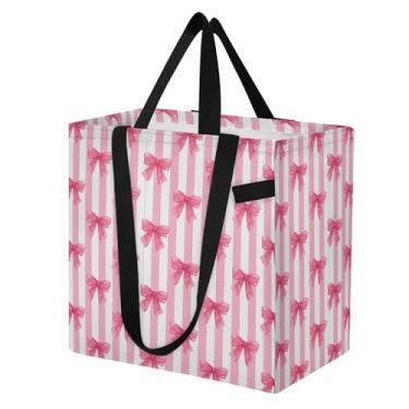 Imagem de SEHANY Sacolas de compras reutilizáveis com laço rosa fofo com alças reforçadas, bolsa de compras de lona dobrável à prova d'água de grande capacidade para viagem, cozinha, praia