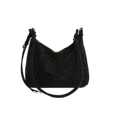 Imagem de Bolsa tiracolo feminina de cor sólida, bolsa de ombro de camurça macia, elegante, outono, inverno, axila, para viagens casuais, Preto, Casual