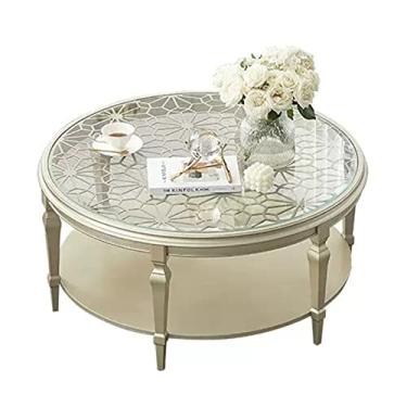 Imagem de Mesa de centro moderna mesa de centro redonda de madeira com entalhe a céu aberto e tampo de vidro, sala de estar de 31,4/99,8 cm, elegante mesa de sofá redonda (1 m)
