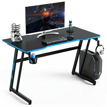 Imagem de U5GAAALPPQ9 Mesa de jogos de 120,7 cm, mesa de computador em forma de Z, com pés ajustáveis, mesa de computador azul (D 120,7 cm x 59,7 cm x 73,6 cm)