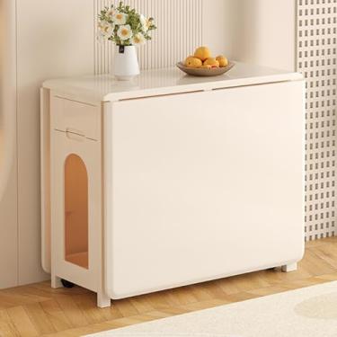 Imagem de ZXLPHA Mesa de jantar dobrável com suporte para cadeiras e 1 gaveta de armazenamento, mesa móvel extensível para economia de espaço, 4 rodas universais, para sala de jantar, cozinha, sala de estar