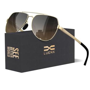 Imagem de Luenx Óculos de sol aviador com lentes polarizadas e armação grande de metal – Proteção UV 400, 04-gradient Amber / Rose Gold Frame, 60MM