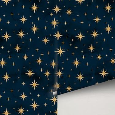 Imagem de Buiory Papel de parede grande Eden Black Starry Sky - Mural de parede com tema espacial removível de 38,6 x 480,6 cm com estrelas amarelas e meteoros, papel de parede DIY para quarto, sala de estar