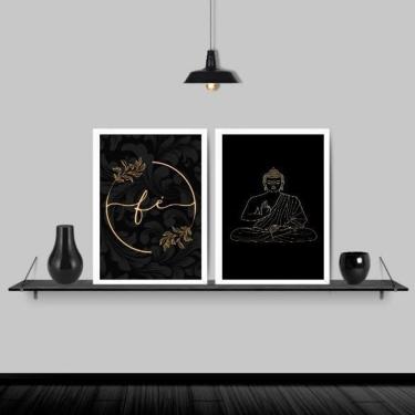 Imagem de Kit 2 Quadros Buda Fé Preto Com Dourado 45X34 Moldura Branca
