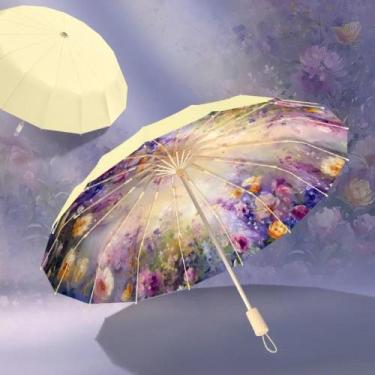 Imagem de Guarda-chuva Feminino Dobrável Com Proteção UV, Estampa Floral Pintada