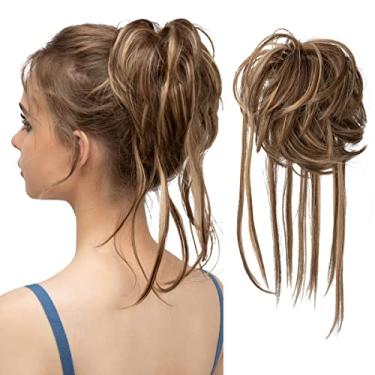 Imagem de CJL HAIR Extensões de coque bagunçado de cabelo cacheado com cauda reta cabelo sintético scrunchies rabo de cavalo para mulheres morena/loiro mel