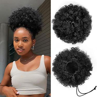 Imagem de YEAME Rabo de cavalo afro puff com cordão para mulheres negras, rabo de cavalo afro cacheado curto cacheado afro cabelo sintético, rabo de cavalo preto premium com cordão para mulheres meninas (1B