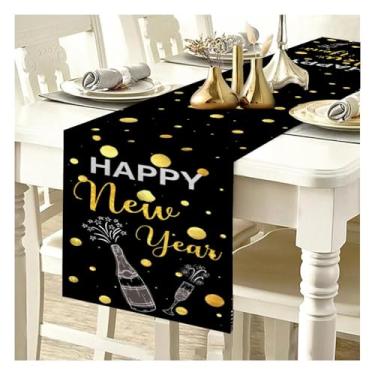 Imagem de Caminho de mesa preto feliz ano novo 33 x 182 cm, Cheers preto e dourado 2026 Natal inverno férias cozinha decoração de mesa de jantar