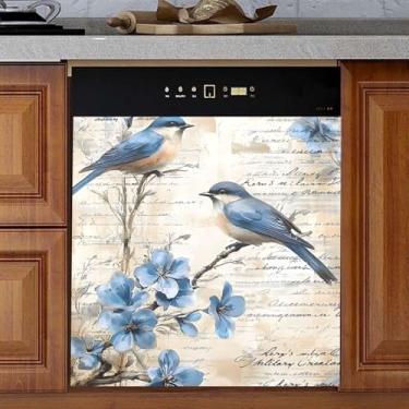 Imagem de Pássaros azuis ramo de árvore flores capa ímã máquina de lavar louça adesivo capa magnética, painéis de decalque de ímã de geladeira 58,4 cm x 66 cm