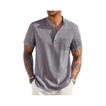 Imagem de Camiseta Masculina De Verão Em Algodão E Linho Com Gola Henley, Leve, 