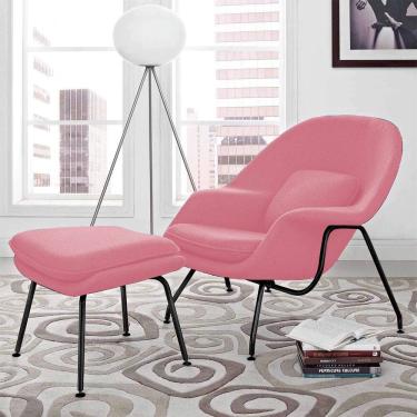 Imagem de Poltrona Womb Chair com Puff Base Preta Linho Rosa