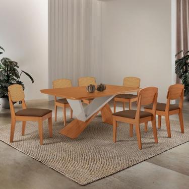 Imagem de Mesa De Jantar Yasmin Tampo Laminado Canto Copo E 6 Cadeiras Veludo Marrom/naturalle/off White
