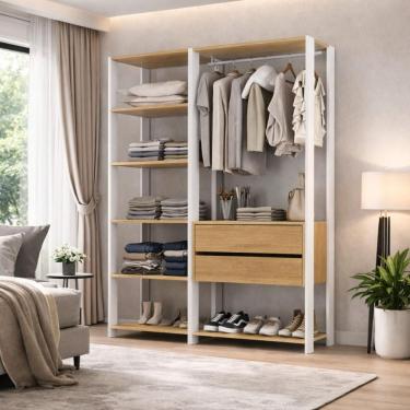 Imagem de Guarda-roupa Closet Modulado Arizona 2 Gavetas 135cm Multimóveis Mp4783 Branco/madeirado