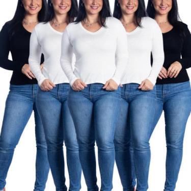 Imagem de KIT 5 Blusa Feminina Manga Comprida Inverno Gola V - Maranne, Kit52, M