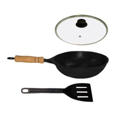 Imagem de Frigideira Wok Antiaderente Cabo Tampa Vidro 32cm e Espátula - Alumíni