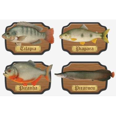 Imagem de Kit 4 Placas Peixes Piranha, Piapara, Pirarucu e Tilápia - KF Imports