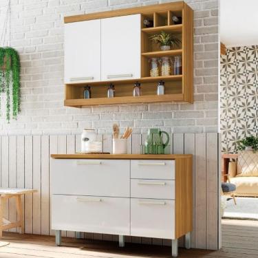 Imagem de Cozinha Modulada Burguesa MDF Com Balcão Marrom Freijó Branco