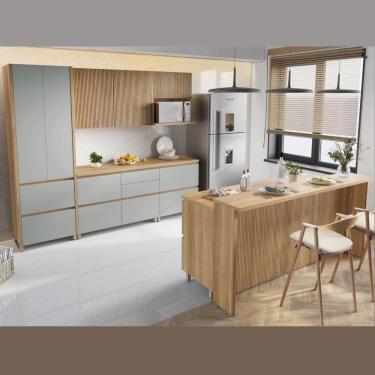 Imagem de Cozinha Modulada Completa Rainha Gourmet Nesher Ripada MDF Com 8 Peças Nature e Verde
