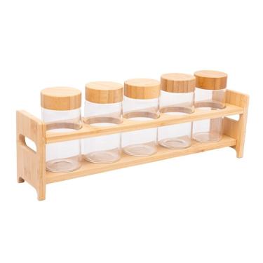 Imagem de Kit 5 Porta Temperos de Vidro Borossilicato com Tampa e Suporte de Bambu para Cozinha Transparente Wolff