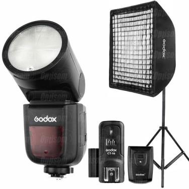 Imagem de Kit Flash Godox Ttl V1 Para Canon Com Softbox 60x60 Grid +  Tripé + Rá