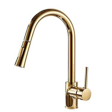 Imagem de Pkfinrd Torneira para pia de cozinha com pulverizador de puxar para baixo, torneiras de cozinha douradas, latão quente e frio, rotação de 360°, torneira de cozinha multifuncional telescópica