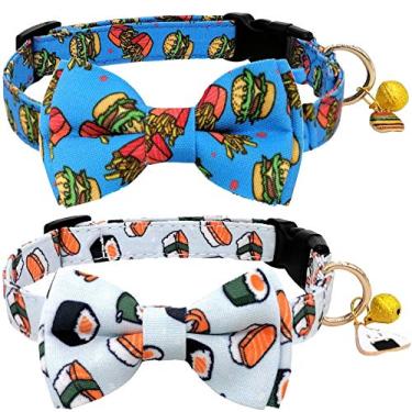 Imagem de KUDES Pacote com 2 coleiras estampadas para cães com gravata borboleta, coleira ajustável com sinos e pingente de segurança para cães pequenos/médios/grandes e gatos, meninos e meninas (Hambúrguer +