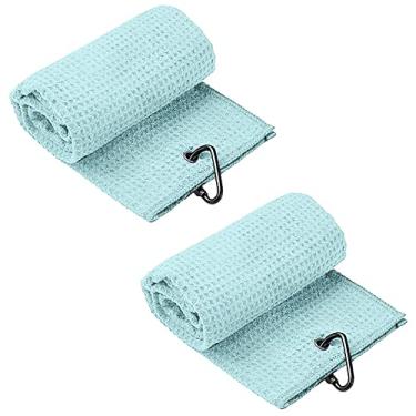 Imagem de Pacote com 2 toalhas de golfe padrão waffle algodão com mosquetão toalhas de limpeza gancho de microfibra limpa tacos bolas mãos para homens mulheres (Azul claro)