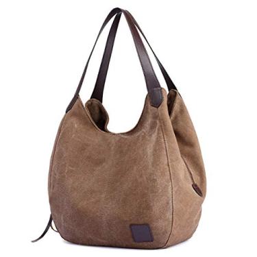 Imagem de Bolsa feminina de lona Dour com vários bolsos, bolsa de ombro moderna de algodão, bolsa sacola, Marrom, Medium