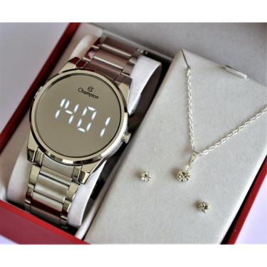 Imagem de Relogio Champion Prateado Espelhado Redondo Digital Ch40124s + Kit Semi Joia