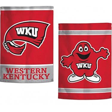 Imagem de Bandeira de jardim Western Kentucky WKU, 31,75 x 45,72 cm, impressão de dois lados, texto WKU e mascote vermelho grande