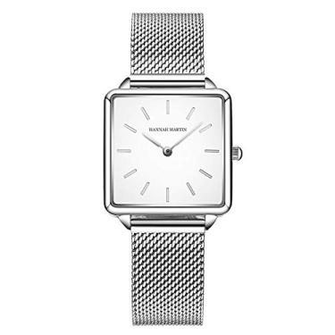 Imagem de HANNAH MARTIN Relógio de pulso feminino de quartzo, mostrador quadrado, casual, negócios, pulseira de malha de aço inoxidável, ouro rosa/prata, Prata, Relógio de quartzo, relógios de quartzo