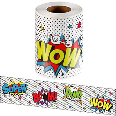 Imagem de Bordas de quadro de avisos, acabamento de borda de papel reta de herói branco para sala de aula, quadro-negro, tema de herói, decoração de festa de carnaval, 15 m