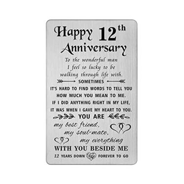 Imagem de TANWIH Cartão de aniversário de 12 anos presentes para ele marido, feliz 12 anos cartões de aniversário de casamento presente para homens, inserção de carteira de metal gravado