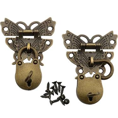Imagem de DGBRSM Conjunto de 2 ferrolhos de borboleta com parafusos e mini cadeado estilo antigo com chaves para pequenas caixas de joias de madeira armário de mala, bronze